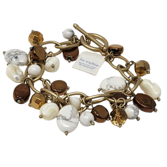 Lia Sophia Chain Link Bracelet 7" -Genuine Howlite, Mother-of-Pearl, Glass Beads - Picture 5 of 10